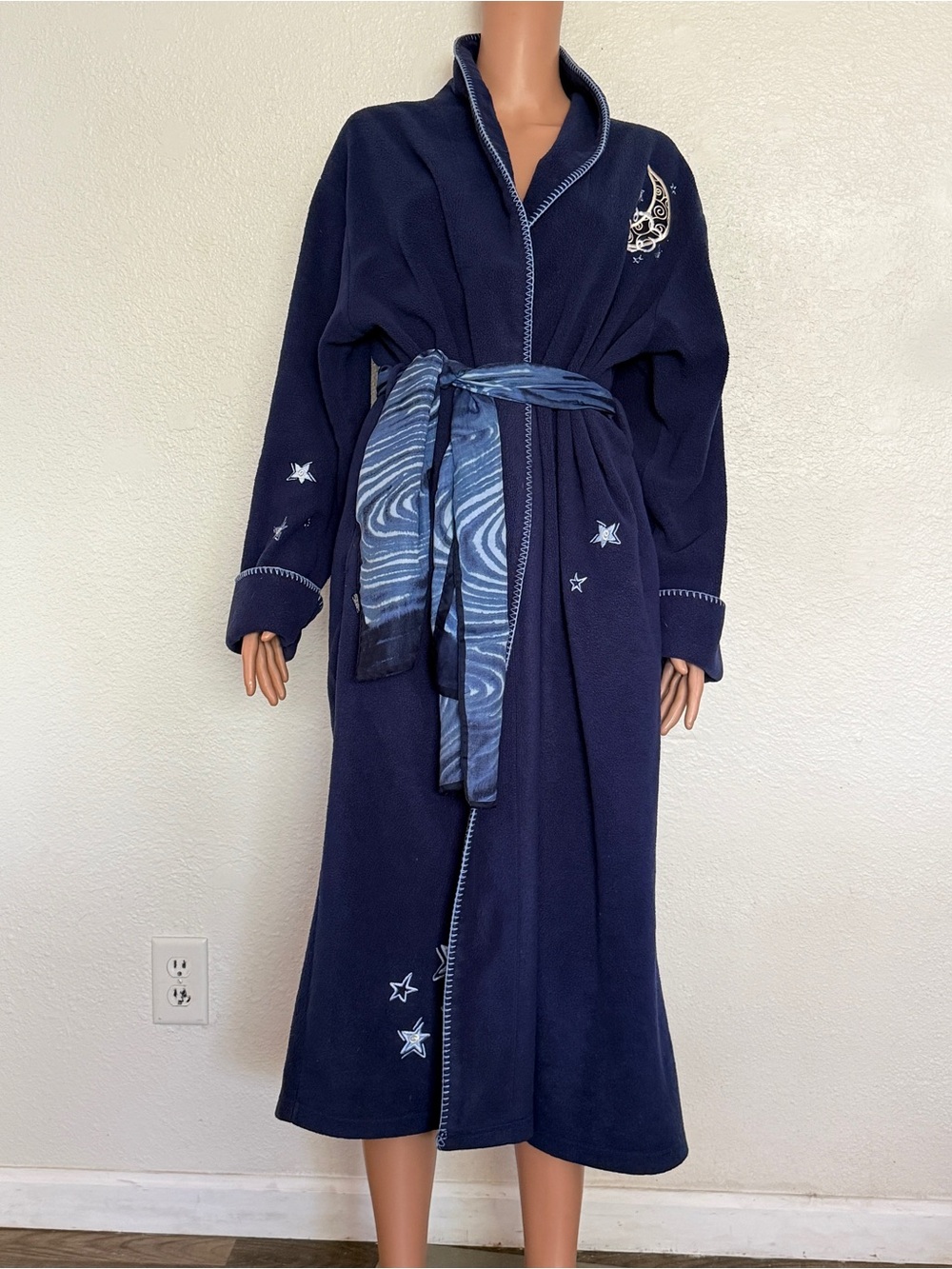 Celestial Blue Fleece Bathrobe with Silk Scarf Sz XL